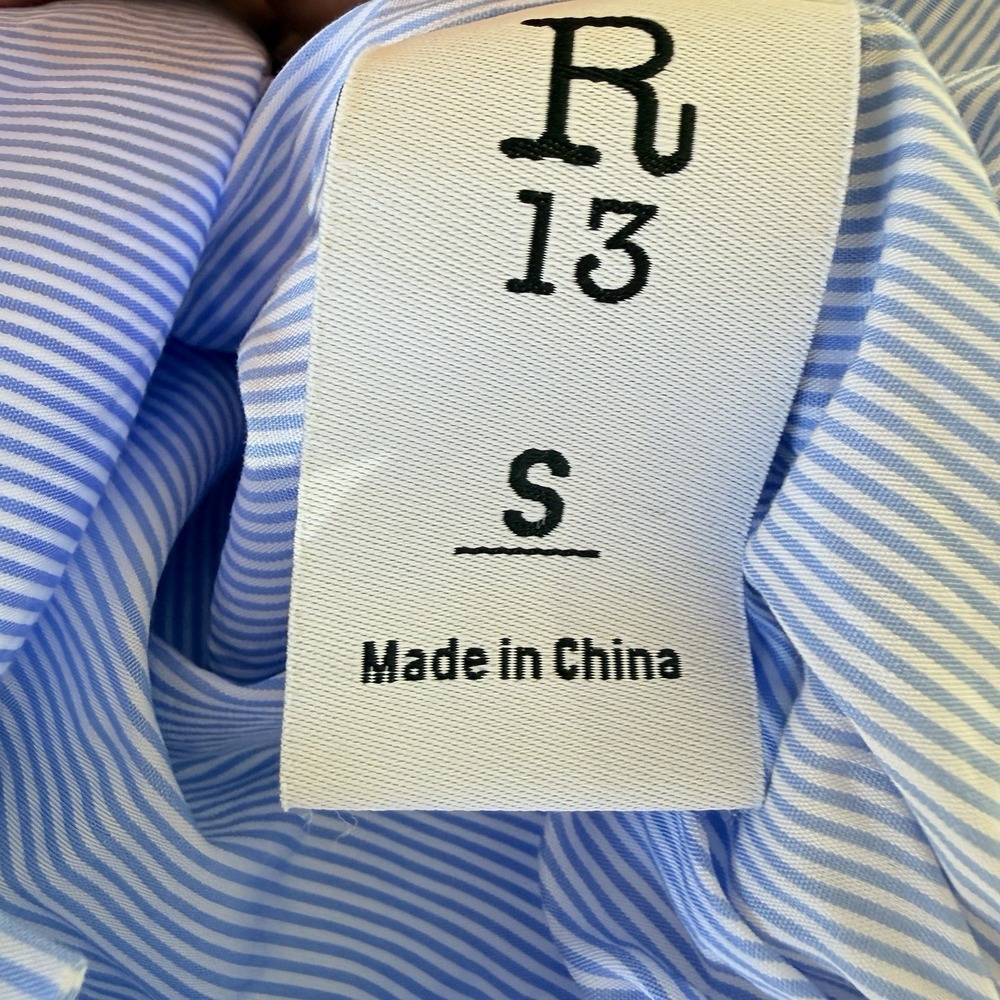 R13 Gathered Hem Shirt Light Blue Pinstripe Cropped Button Front Top $450 Retail - Picture 10 of 13